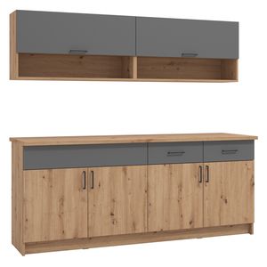 Homestyle4u 2500, Küche Modern Holz Eiche Küchenzeile ohne Geräte Einbauküche Singleküche 200 cm Grau