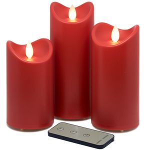 LED-Kunstharzkerzen, 3er Set mit FB, Rot, Höhe: 13cm + 15cm + 18cm, IP44 Outdoor Kerze