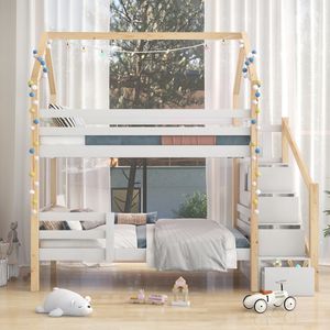 Flieks Etagenbett 90x200cm mit Rausfallschutz, Hochbett mit Treppe, Kinderbett Hausbett mit Leiterschrank, Klassisches Holzbett für Kinderzimmer Stockbett