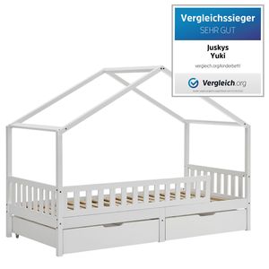 Juskys Kinderbett Yuki 90x200 cm mit Rausfallschutz, Bettkasten & Lattenrost – Holz Bett für Kinder weiß mit Dach – Hausbett für Jungen & Mädchen