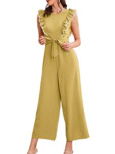 MORYDAL Damen Latzhosen Weitbein -Overalls im Sommer Bohemian Long Hosen Leisure Polka Dots Strampler, Farbe:Gelb, Größe:S