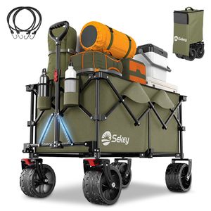 Sekey XXL 200KG Belastbar Bollerwagen Faltbar mit Spanngurte, 17x10 cm Extra Breite Reifen, Olivgrün