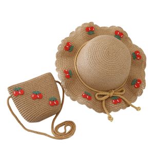 Cherry Decor Spitzenbesatz Hut mit breiter Krempe, Taschenset für Babys, atmungsaktiver Strohhut, Handtasche, Kleidungszubehör, Khaki