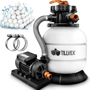 tillvex® Sandfilteranlage Pool 7.900L/h inkl. 400g Filterbälle | Filteranlage 7-Wege Ventil & 2in1 Adapter Ø32mm - 38mm | Poolfilter mit Druckanzeige | Sandfilter für Schwimmbecken