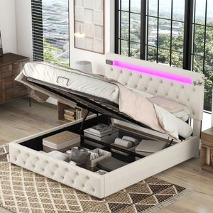Flieks Čalouněná postel 140x200 cm Hydraulická postel Boxspring s USB, Bluetooth přehrávačem a led diodami, manželská postel s lamelovým rámem, úložný prostor Ložní prádlo, béžová barva