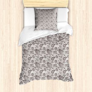 ABAKUHAUS Brown Paisley Bettbezug Set für Einzelbetten, Tribal Flower Damast, Milbensicher Allergiker geeignet mit Kissenbezug, 135 cm x 200 cm - 80 x 80 cm, Braun und weiß