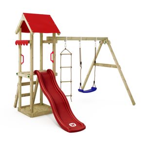 WICKEY Hracia veža s preliezačkou TinyCabin s hojdačkou a šmykľavkou, lezeckou vežou s pieskoviskom, rebríkom a hracím príslušenstvom - červená