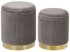 Pouf 2er Set Grau Samtstoff mit Goldenem Rand Metallband Runde Form Rillen-Optik Retro Stil Glamourös Wohnzimmer Schlafzimmer Flur Modern