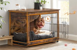 Feandrea Hundekäfig Möbel, Beistelltisch, Hundebox, moderne Hundehütte indoor für Hunde bis zu 42 kg, hochbelastbar, Hundehaus für Zuhause, herausnehmbares Tablett, 2 Türen, vintagebraun CFP003X01