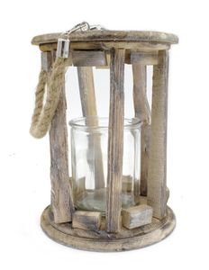 Holz-Laterne mit Kerzenglas und Seil-Griff S - Ø 14 x 19cm