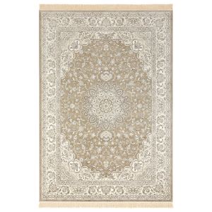 Orientalischer Samt-Teppich Fransen Antik Nain Olivgrün Grau, Größe:135x195 cm