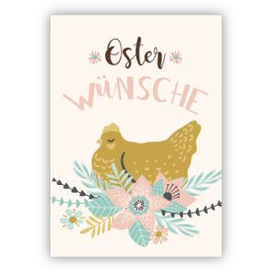 4x Wunderschöne Retro Osterkarte mit Henne im Blumen Nest: Oster Wünsche