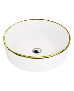 LAVITA Aufsatzwaschtisch Merida Gold Line | Aufsatzwaschbecken Rund | Waschbecken Ohne Überlauf und Hahnloch | Aus hochwertigem Porzellan | Waschtisch | 37x37x12 cm | Weiß/Gold