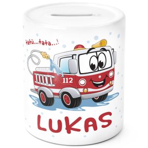 Kinder Spardose mit Namen personalisierbar Feuerwehr-Auto Sparschwein Keramik SpecialMe® weiß unisize