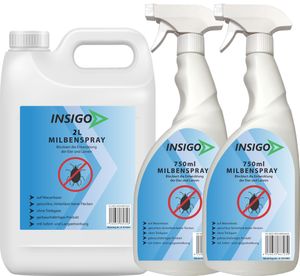 INSIGO 2L + 2x750ml Anti-Milbenspray, Mittel gegen Milben Milbenbefall Milbenfrei Schutz gegen Eier auf Wasserbasis, fleckenfrei, geruchlos, mit Schnell- & Langzeitwirkung frei EX