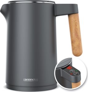 Arendo Wasserkocher Edelstahl 1,5L , Doppelwand, Temperatureinstellung 40° - 100°C mit Anzeige, 2200W, Warmhaltefunktion, Griff in Holzoptik, BPA-frei