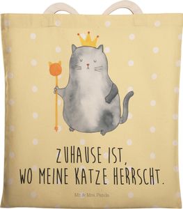 Mr. & Mrs. Panda Einkaufstasche Katze König - Gelb Pastell - Geschenk, Kater, Umhängetasche, Katzenliebhaber, Beutel, Katzenliebhaberprodukte, Mietzhaus, Stofftasche, Cat
