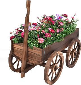 Záhradný vozík z jedľového dreva, dekoratívny vozík so 4 veľkými kolesami, dlhá rukoväť, nastaviteľný, ideálny na vonkajšie záhradkárčenie, 120 x 43 x 54 cm, hnedý