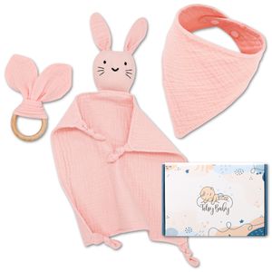 Geschenk zur Geburt - Babygeschenke SET Schnuffeltuch, Lätzchen, Beißring Baby Neugeborenen Geschenk für Mädchen und Junge Rosa