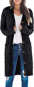 ASKSA Damen Langarm Strickjacke Strick Mantel Zopfstrick Sweater mit Knopfleiste und Taschen, Schwarz, XL