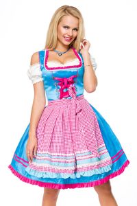 Dirndline Damen Dirndl mit Karoschürze Partykleid Fasching Oktoberfest Karneval, Größe:3XL, Farbe:blau/pink