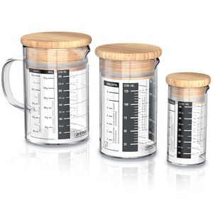 Arendo - Messbecher Set aus Glas - Größen 250ml, 125ml, 50ml (0,25l 0,125l 0,05l), Messkrug Glas Krug, Borosilikatglas, präzise Skala, hitzebeständig, Glasbehälter mit Bambusdeckel, Silikondichtung