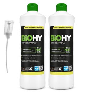 BiOHY Teppichshampoo (2x1l Flasche) + Dosierer | Teppichreiniger ideal zur Entfernung von hartnäckigen Flecken | SPEZIELL FÜR WASCHSAUGER ENTWICKELT