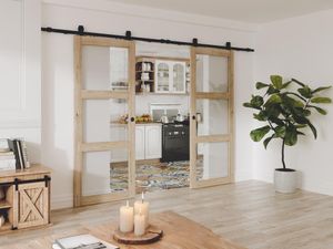 Doppel-Schiebetür mit Laufschienensystem mit 3 Fenstern - 2 x 205 x 73 cm - Holz - Sicherheitsglas - ACOSTA II