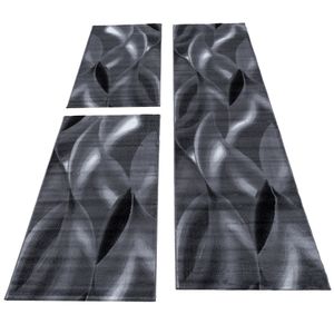 3 Teile Teppich Bettumrandung Läuferset Wellen Schatten Muster Schwarz Grau, Bettset:2 x 80x150 cm + 1 x 80x300 cm