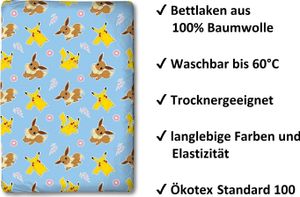 Pokemon Bettwäsche Set 3-teilig 135x200 80x80 cm mit Spannbettlaken 90x200 cm buntes Motiv mit Pikachu & Friends aus 100% Baumwolle