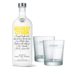 Absolut Vodka Citron Set mit 2 Gläsern, Wodka, Schnaps, Spirituose, Alkohol, Alkoholgetränk, Flasche, 40 %, 1 L