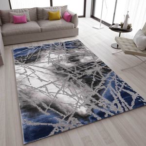 Teppich Wohnzimmer kurzflor Abstrakt Used Optik in Blau Grau, für Wohnzimmer, Schlafzimmer, küche, Maße:120x170 cm