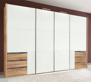 Schwebetürenschrank Level Kleiderschrank Synchronöffnung 300cm plankeneiche Weißglas