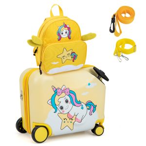 COSTWAY 2tlg Kinderkoffer + Rucksack, 12"+18" Kindertrolley mit Rollen und wasserdichter Hartschale (Gelb Einhorn)