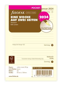 Filofax Kalendereinlage Pocket: Eine Woche auf zwei Seiten 2024 in cotton cream deutsch mit Linien