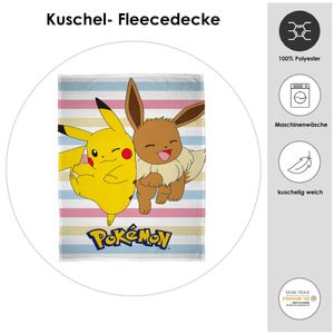 Pokemon Kuscheldecke für Kinder mit Pikachu und Evoli Motiv · Bunte Tagesdecke 160x200 cm aus 100% flauschigem Polyester