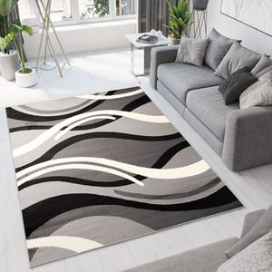 Teppich Wohnzimmer Schlafzimmer Kurzflor Modern Design Weiß Grau Schwarz Wellen Streifen Esszimmer Küche  300 x 400 cm