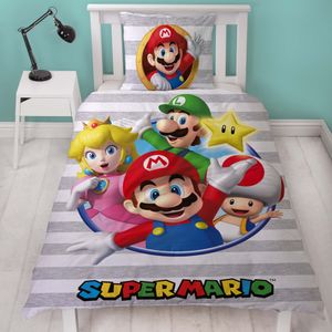 Nintendo Super Mario Bettwäsche für Jungen · Kinderbettwäsche 135x200 80x80 cm aus 100% Baumwolle mit Reißverschluss · Graues Motiv Porträt mit wichtigen Charakteren Mario, Luigi, Peach, Toad und Star