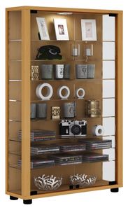 Lumo Mini Vitrinenschrank 2 Glastüren, Glasvitrinen mit LED-Leuchten Buche Nachbildung.