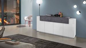 Kommode Loris, Küchen-Sideboard mit 4 Türen, Wohnzimmer-Buffet, 100%  Italy, cm 200x45h86, glänzend weiß und Schiefer