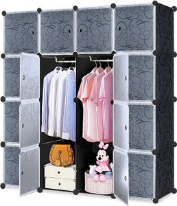 Kleiderschrank Schwarz DIY Regalsystem aus Kunststoff Garderobenschrank Steckregal Steckregalsystem (16 Würfeln, mit 2 Kleiderstange) CEEDIR