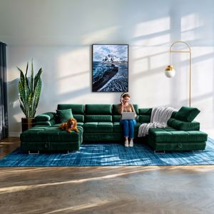 Sofiland Aller XXL rohová sedačka v tvare U s funkciou spania, sedacia súprava s 2 zásuvkami, obývacia sedačka zelená MONOLITH 37, pohovka, rozkladacia pohovka, gauč Sofiland Aller XXL rohová sedačka v tvare U s funkciou spania, sedacia súprava s 2 zásuvkami, obývacia sedačka zelená MONOLITH 37, pohovka, rozkladacia pohovka, gauč