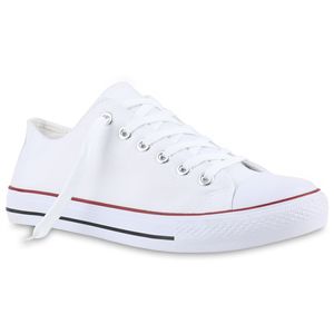Mytrendshoe Herren Sneakers Stoffschuhe Schnürer Sportschuhe Low Sneaker 816742, Farbe: Weiß Rotstreifen, Größe: 36