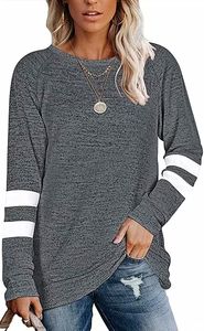ASKSA Damen Langarm Blusen Sweatshirts Rundhals Einfarbig Streifen Lose Tunika Pullover, Dunkelgrau, XL