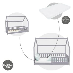 ML-Design Kinderbett mit Rausfallschutz, Dach und Lattenrost, 80x160 cm, Hellgrau, mit Matratze