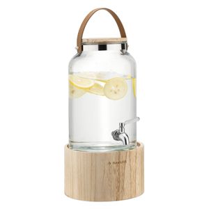 Navaris Getränkespender 5,6 Liter aus Glas - Zapfhahn aus Edelstahl mit Holz Ständer - Wasserspender Glasbehälter für kalte Getränke - mit Ledergriff