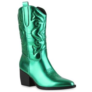VAN HILL Damen Cowboystiefel Stiefel Metallic Schuhe 839925, Farbe: Grün Metallic, Größe: 39