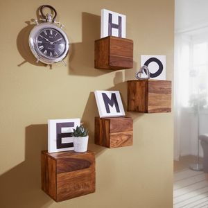 KADIMA DESIGN Sheesham Massivholz Wandregal Wood 4er Set Cubes Wandboard 25 cm / 20 cm