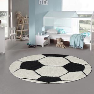 Runder Kinder-Fußballteppich in weiß schwarz mit 3D-Effekt: Einzigartige Spielfreude für das Kinderzimmer Größe - 120 cm Rund