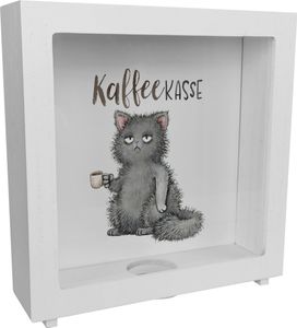 Katze mit Tasse Rahmen Spardose aus Holz mit Spruch Kaffeekasse